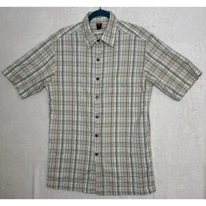 OJAI MENS BUTTON UP PLAID TAN AND GREEN SHORT SLEEVE SHIRT SIZE M
